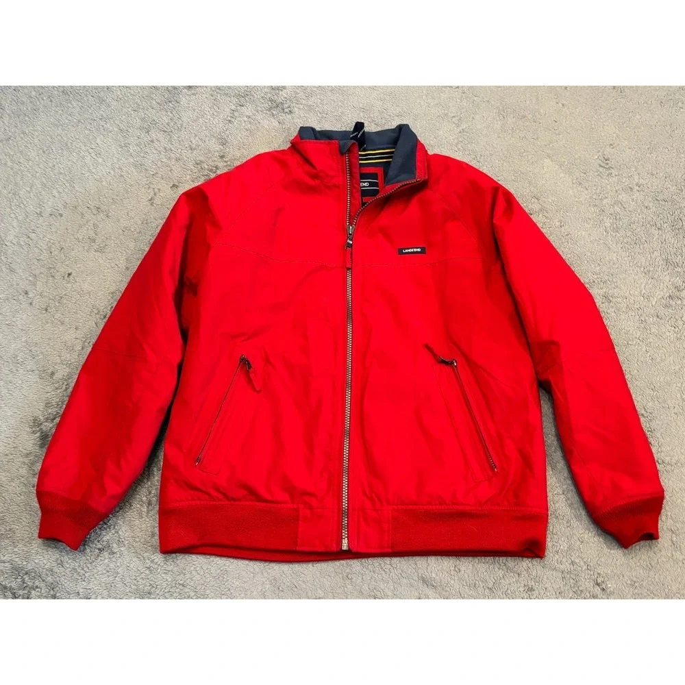 Vintage Lands' End Jacket Men's Large Red Nylon Poly Blend Full Zip Coat